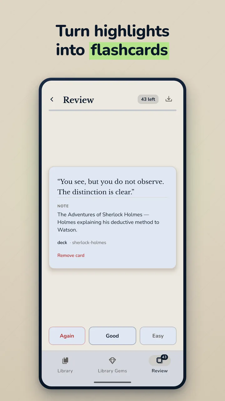 Turn highlights into flashcards — the Review screen showing a card built from a highlight, with Again, Good and Easy buttons