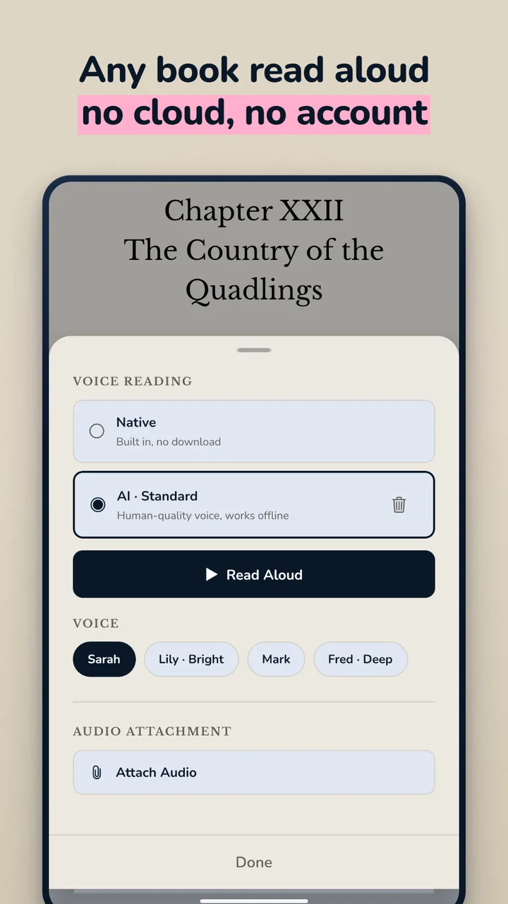 Any book read aloud, no cloud, no account — the read-aloud sheet with offline voice options