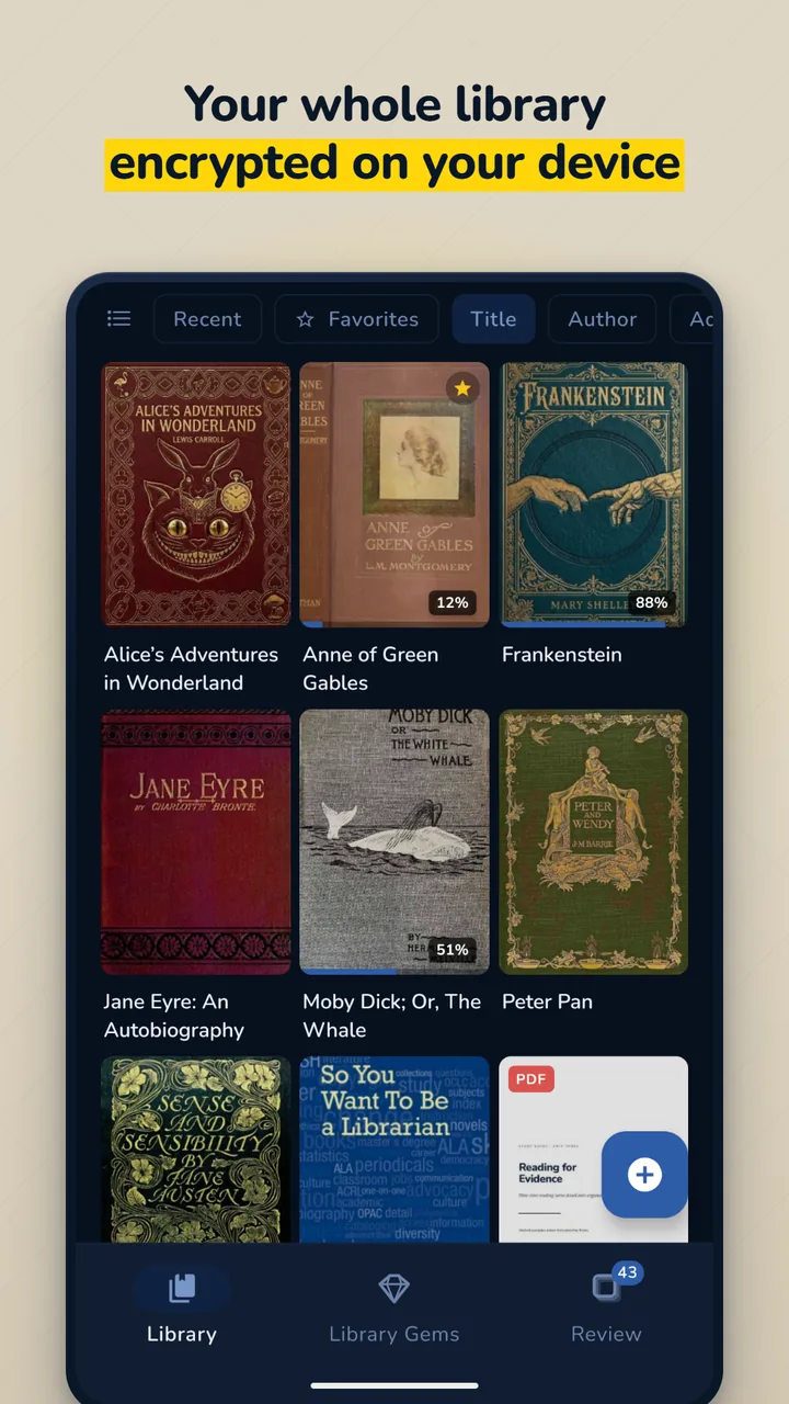 Your whole library encrypted on your device — the GemReader library with covers, reading progress and a daily streak