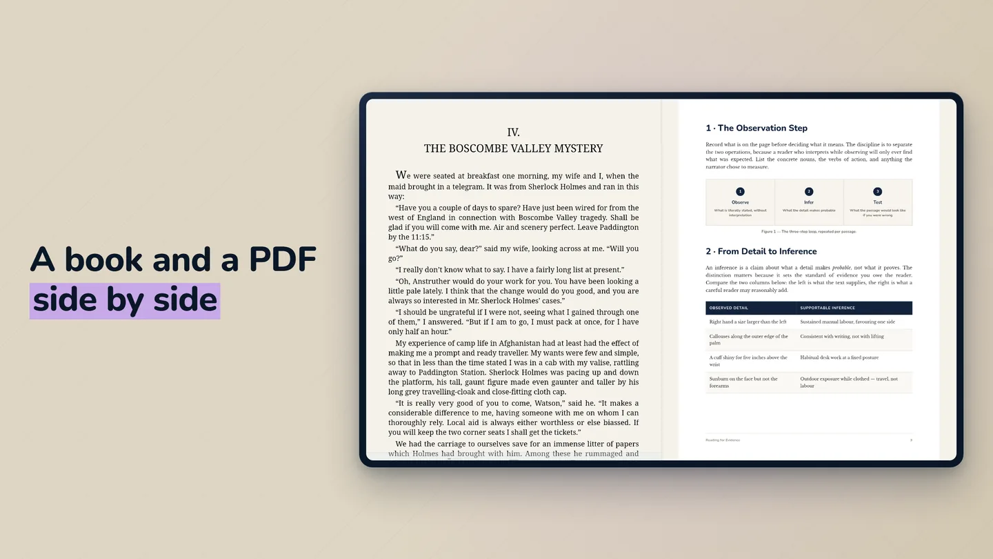 A book and a PDF side by side — GemReader on a tablet with an EPUB and a PDF open in split view