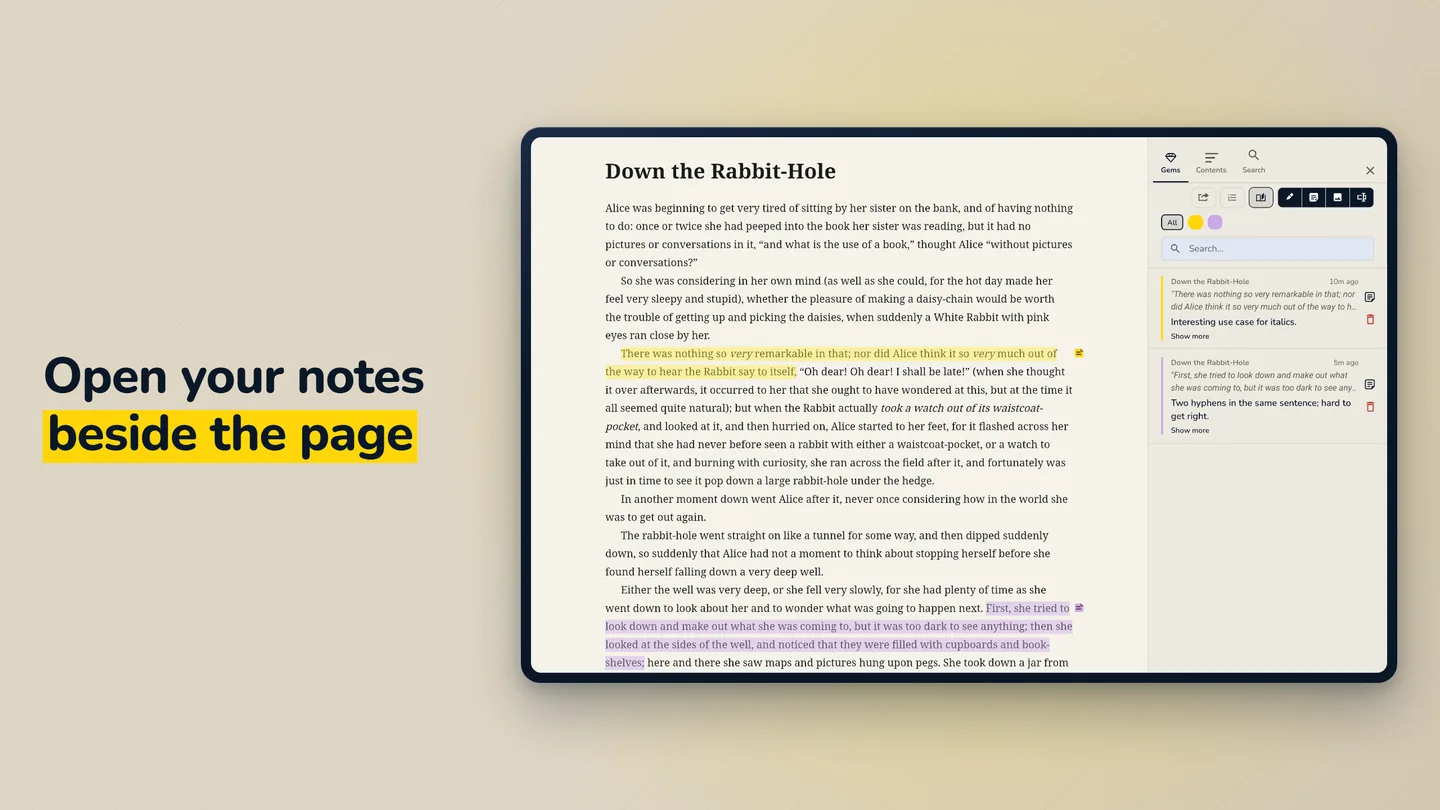 Open your notes beside the page — the tablet notes rail next to a chapter of Alice in Wonderland