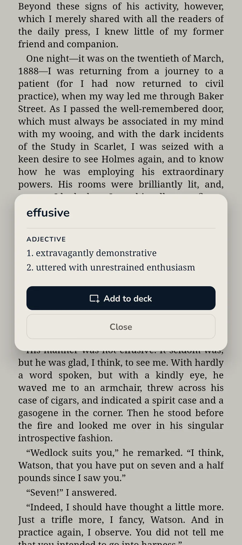GemReader dictionary popup defining a word over the page being read
