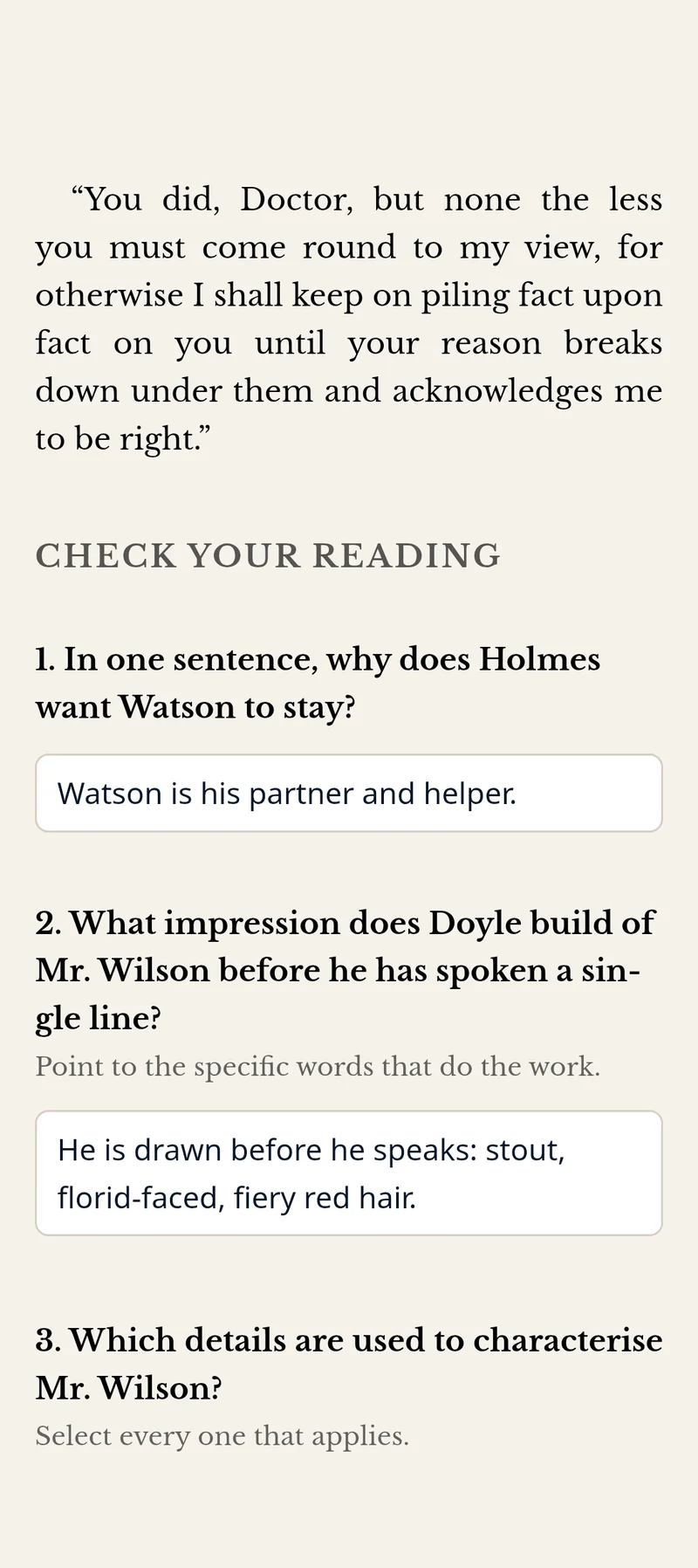 A workbook exercise in GemReader with typed answers and ticked checkboxes already saved