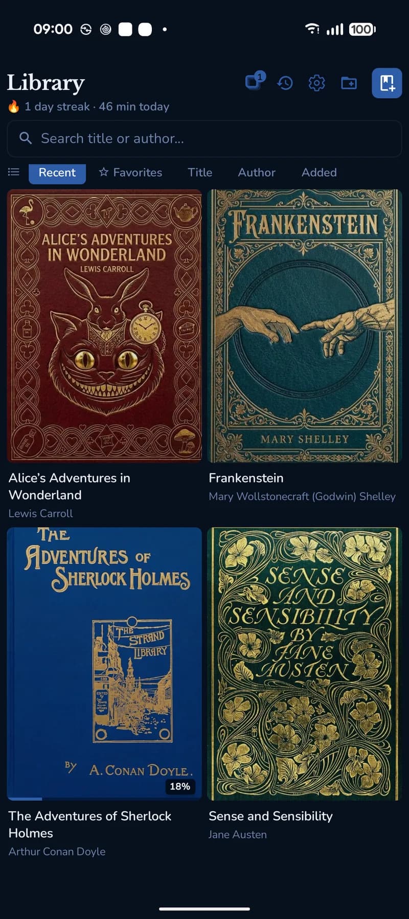 The GemReader library on Android, with covers, progress and a reading streak