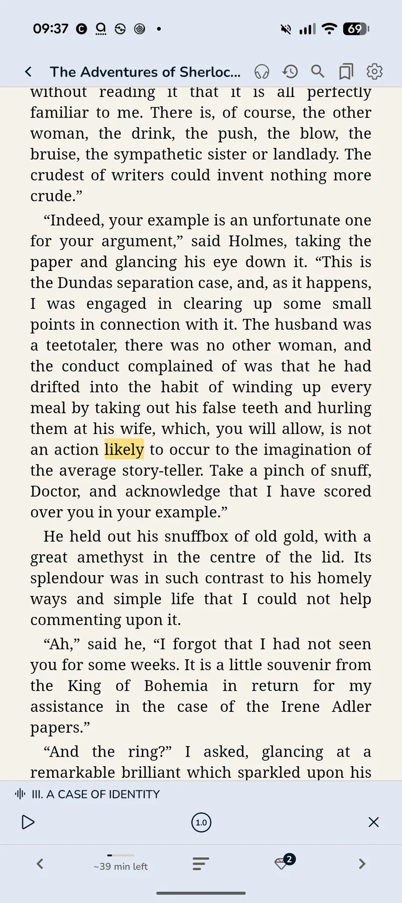 GemReader reading a chapter aloud, with the playback bar and time remaining